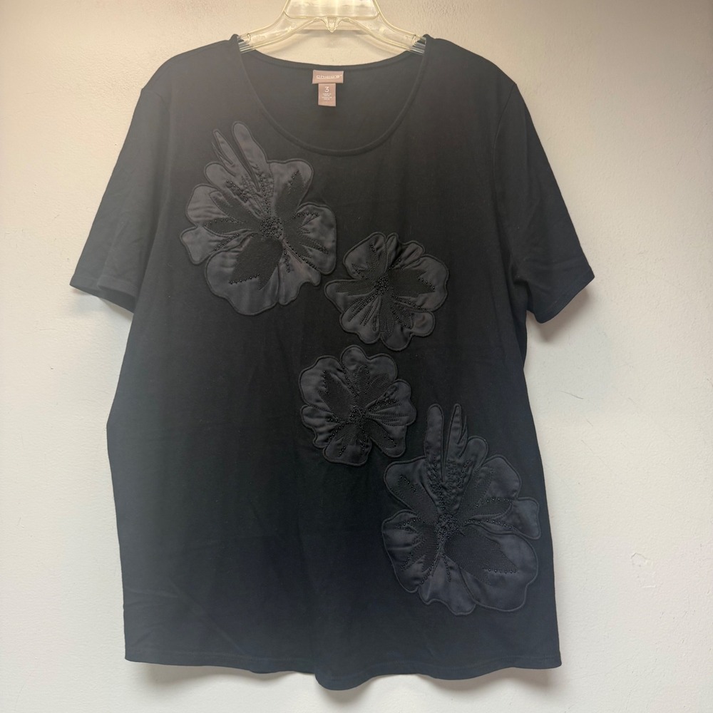 Chico's Floral Applique Top Womens 3 Black Excellent Beaded Short Sleeve Scoop